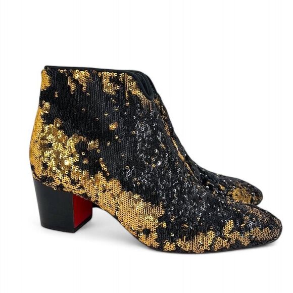 Christian Louboutin Black and Gold Sequin Ankle Boots - Picture 3 of 9